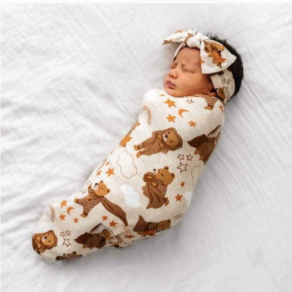 NWT Little Sleepies Beary Sleepy Swaddle & Headband Set